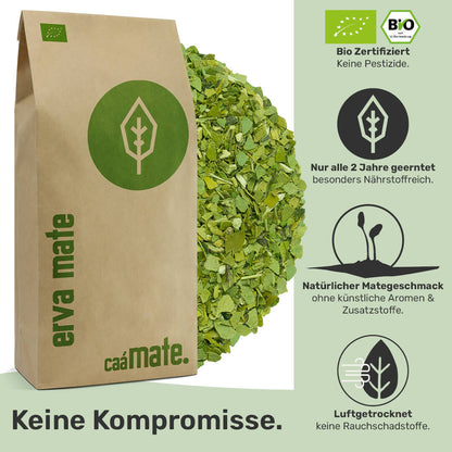 erva mate tee bio-zertifiziert nur alle zwei jahre geerntet ohne künstliche Aromen und Zusatzstoffen Luftgetrocknet