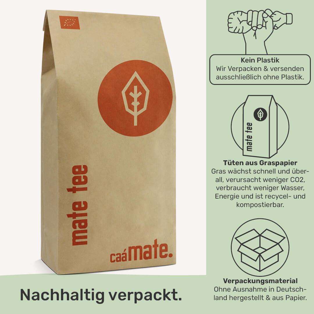 caámate mate tee grün bio plastikfrei verpackt nachhaltiges Verpackungsmaterial