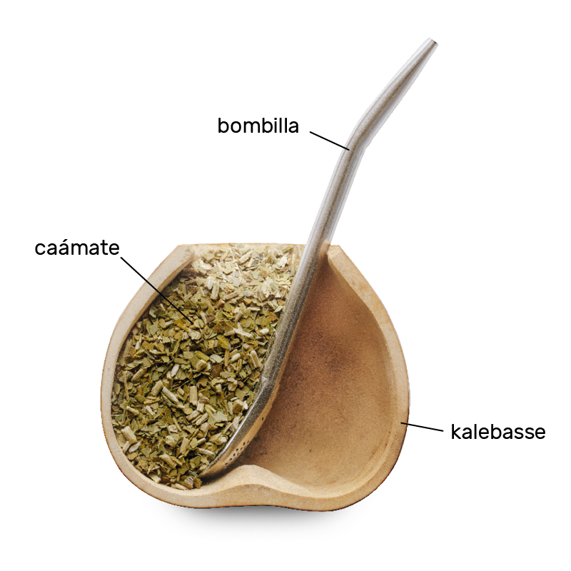 Kalebasse mit Bio Yerba Mate Tee von Caámate, Bombilla (Trinkhalm) und traditioneller Mate-Zubereitung