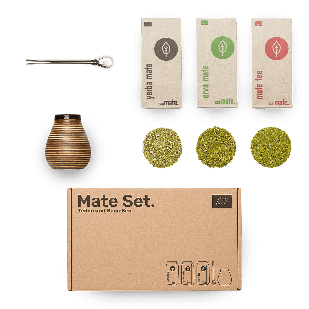 Matetee set Keramik caámate Keramik Matebecher Kalebasse Glasur Vintage bombilla Edelstahl silber + 3 Sorten Mate tee erva mate yerba mate und mate tee